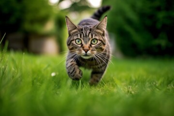 Naklejka na ściany i meble Full-length portrait photography of a happy manx cat sprinting against a lush green lawn. With generative AI technology