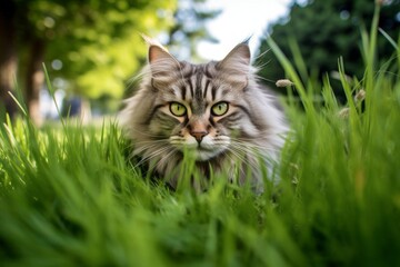 Group portrait photography of a smiling siberian cat skulking against a lush green lawn. With generative AI technology