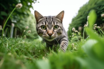 Naklejka na ściany i meble Medium shot portrait photography of a happy american shorthair cat climbing against a lush green lawn. With generative AI technology