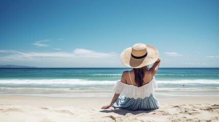 Beautiful woman in hat sitting on the beach and looking at the sea, Generative AI