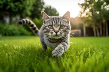 Naklejka na ściany i meble Group portrait photography of a happy american shorthair cat pouncing against a lush green lawn. With generative AI technology