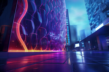 Futuristic Cityscape with Shimmering Holographic Building, Generative AI
