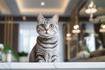 Medium shot portrait photography of a smiling american shorthair cat climbing against a chic dining room. With generative AI technology