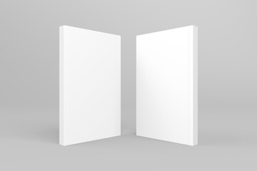 2 softcover book mockups are standing on a gray background, designed with 3D render visual effects that are indistinguishable from reality. A mockup, with flashy white covers resembling a real book.