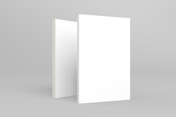 2 softcover book mockups are standing on a gray background, designed with 3D render visual effects that are indistinguishable from reality. A mockup, with flashy white covers resembling a real book.