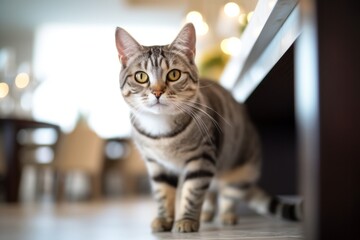 Medium shot portrait photography of a smiling american shorthair cat climbing against a chic dining room. With generative AI technology