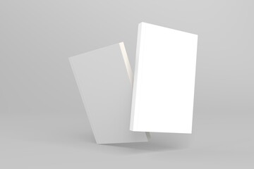 2 softcover book mockups are standing on a gray background, designed with 3D render visual effects that are indistinguishable from reality. A mockup, with flashy white covers resembling a real book.