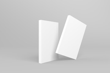 2 softcover book mockups are standing on a gray background, designed with 3D render visual effects that are indistinguishable from reality. A mockup, with flashy white covers resembling a real book.