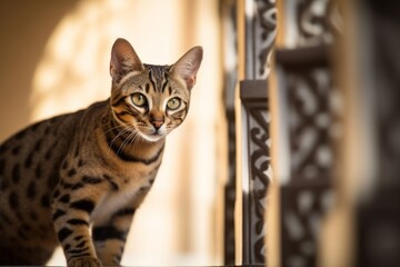 Environmental portrait photography of a happy savannah cat exploring against a decorative staircase. With generative AI technology