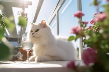 Lifestyle portrait photography of a happy persian cat drinking against a sunny balcony. With generative AI technology