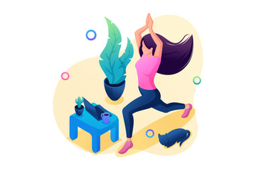 Isometric 3D. Girl Does Yoga At Home, Listens To Music Through a Laptop. A Pet. Concept For Web Design