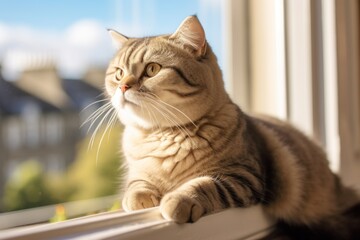 Lifestyle portrait photography of a happy scottish fold cat window watching against a sunny balcony. With generative AI technology