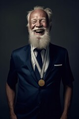 Obraz premium Portrait of a happy senior man with a golden medal on a dark background, Generative AI