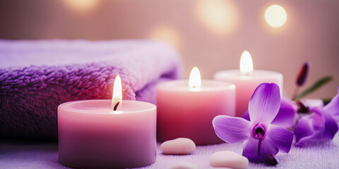 Obraz na płótnie Canvas Candles with flowers, pink pastel dream atmosphere, spa environment, soft focus background with copyspace - generative AI
