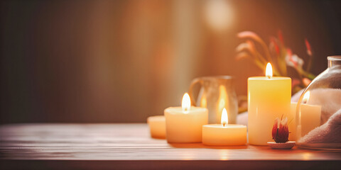 Obraz na płótnie Canvas Burning candles in a spa environment, dreamy atmosphere, soft focus background with copyspace - generative AI