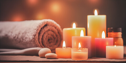 A towel with candles in a spa environment, dreamy soft focus background with copyspace - generative AI