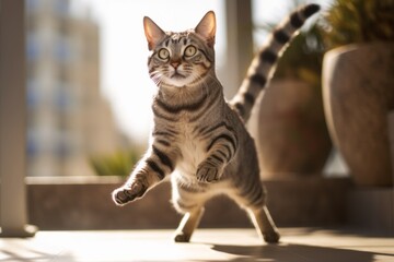 Medium shot portrait photography of a curious egyptian mau cat jumping against a sunny balcony. With generative AI technology