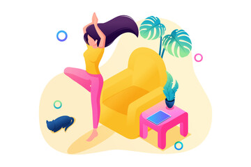 Isometric 3D. Girl Does Yoga at Home, In a Cozy Atmosphere With a Cat. Concept For Web Design