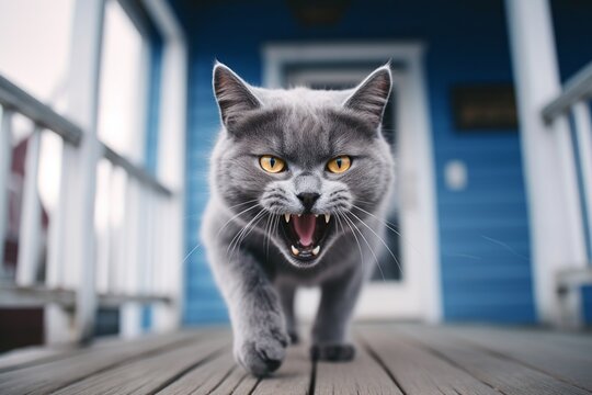 Medium shot portrait photography of an angry russian blue cat pouncing against an appealing front porch. With generative AI technology