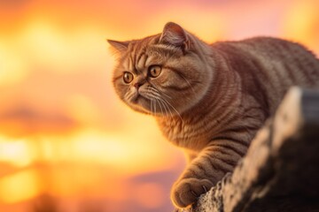 Naklejka na ściany i meble Medium shot portrait photography of a happy exotic shorthair cat climbing against a captivating sunset. With generative AI technology
