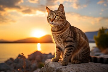 Lifestyle portrait photography of a curious tabby cat crouching against a captivating sunset. With generative AI technology