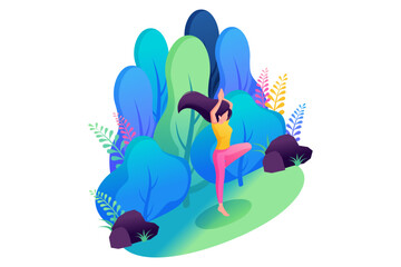 Isometric 3D. Girl Does Yoga In Nature, In The Park, Enjoying The Tranquility. Concept For Web Design