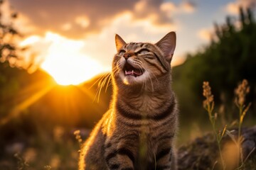 Full-length portrait photography of a smiling american shorthair cat meowing against a captivating sunset. With generative AI technology