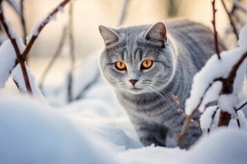 Medium shot portrait photography of a curious british shorthair cat scratching against a snowy winter scene. With generative AI technology