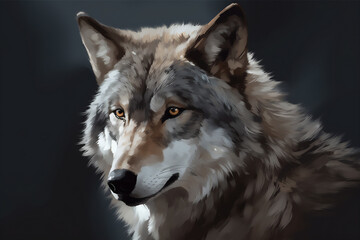 Obraz premium Watercolor colorful art portrait of wolf isolated on black background. Generative AI illustration.