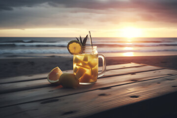 Lemonade summer fruit juice into a tropical beach resort. Generative AI.