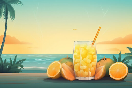 Generative AI illustration of a lemonade summer fruit juice into a tropical beach resort.