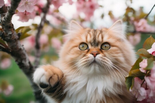 Lifestyle portrait photography of a curious persian cat paw-licking against a blooming spring garden. With generative AI technology