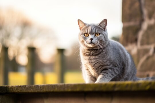 Full-length portrait photography of a curious british shorthair cat wall climbing against a picturesque park bench. With generative AI technology