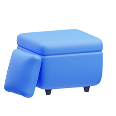 3d render illustration of square sofa icon, Home ware themed, household items