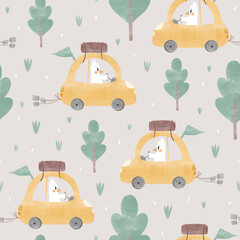 seamless pattern of geese in a yellow car with trees for children's textiles, pattern trip