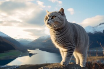 Environmental portrait photography of an angry british shorthair cat playing against a scenic mountain view. With generative AI technology