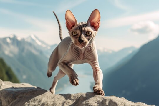 Group portrait photography of a curious sphynx cat leaping against a scenic mountain view. With generative AI technology