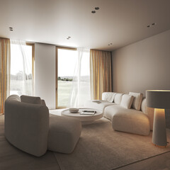 Creative modern interior living room with warm illumination, stone round table and large white lamp. Beautiful nature view and ceiling lamp. 3d rendering mock up. High quality 3d illustration