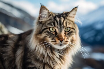 Naklejka na ściany i meble Close-up portrait photography of a happy norwegian forest cat exploring against a scenic mountain view. With generative AI technology