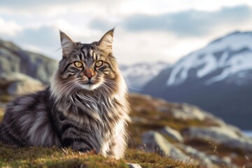 Obraz premium Close-up portrait photography of a happy norwegian forest cat exploring against a scenic mountain view. With generative AI technology