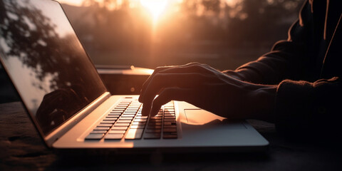 hand tapping on a laptop, sunset, work - obrazy, fototapety, plakaty