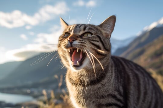 Medium shot portrait photography of a happy american shorthair cat growling against a scenic mountain view. With generative AI technology