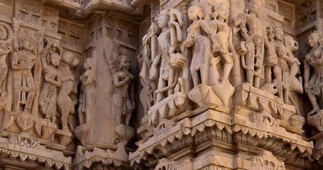 Detail intricate exterior architecture of historic Jain temple in Ranakpur, Rajasthan, India. Built in 1496.