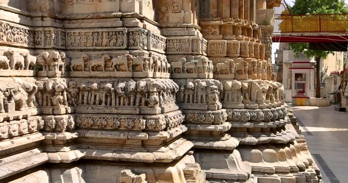 Detail intricate architecture of historic Jain temple in Ranakpur, Rajasthan, India. Built in 1496.
