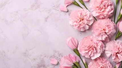 Pink Carnations on light background with copy space. Illustration concept for Mother's Day holiday greetings card. Generative AI