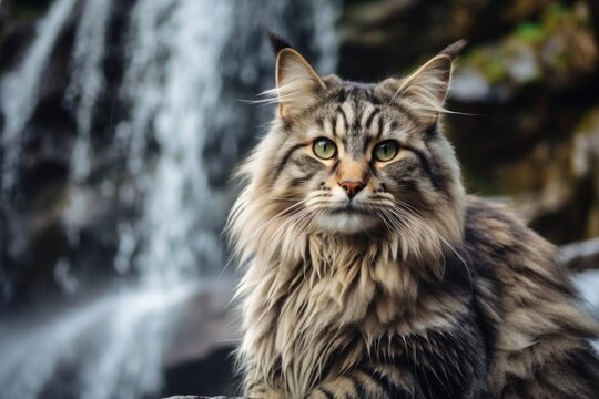 Headshot portrait photography of a happy siberian cat playing against a majestic waterfall. With generative AI technology