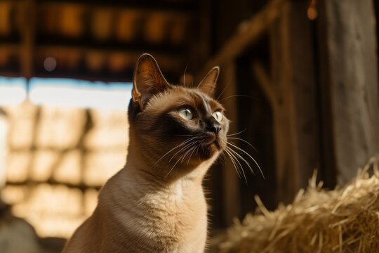 Close-up portrait photography of a happy burmese cat begging for food against a rustic barn. With generative AI technology