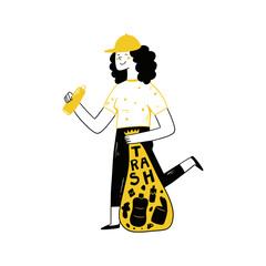 Ecosystem environment concept. Woman keep plastic waste. Hand drawn vector illustrations doodle style
