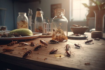 Cockroach on kitchen table with food leftovers.Pest control concept. Generative AI - obrazy, fototapety, plakaty