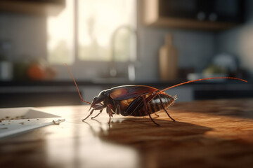 Cockroach on kitchen table with food leftovers.Pest control concept. Generative AI